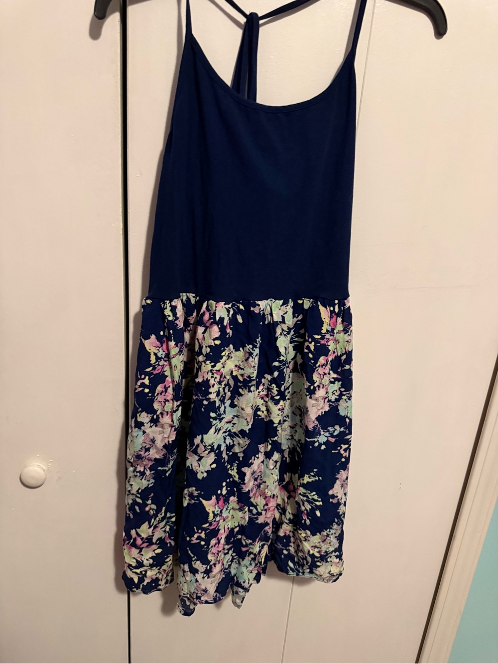 Xhilaration Navy Sleeveless Dress with Floral Hem